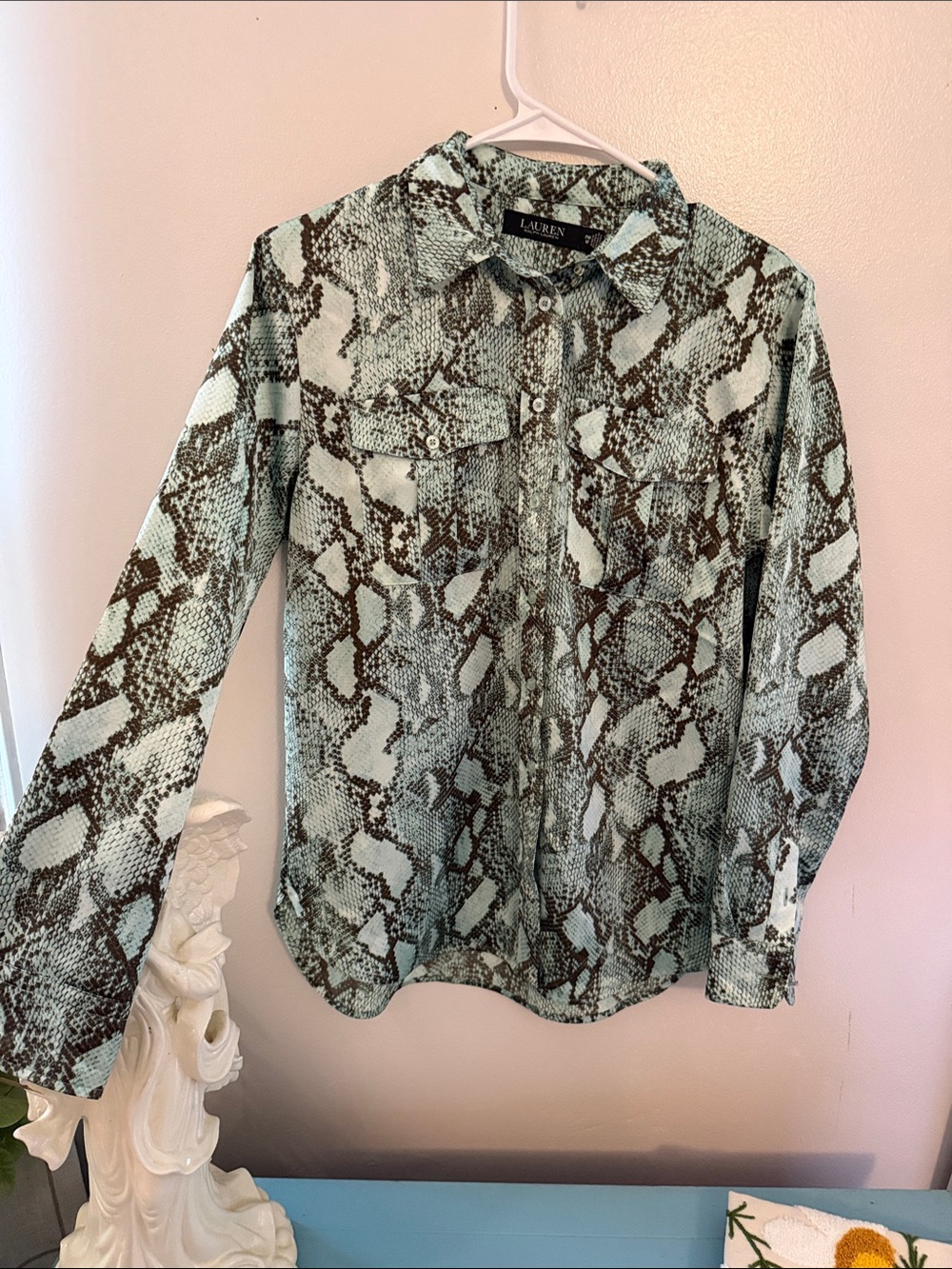 Lauren Ralph Lauren Mint Green and Brown Snakeskin Button-Down Shirt